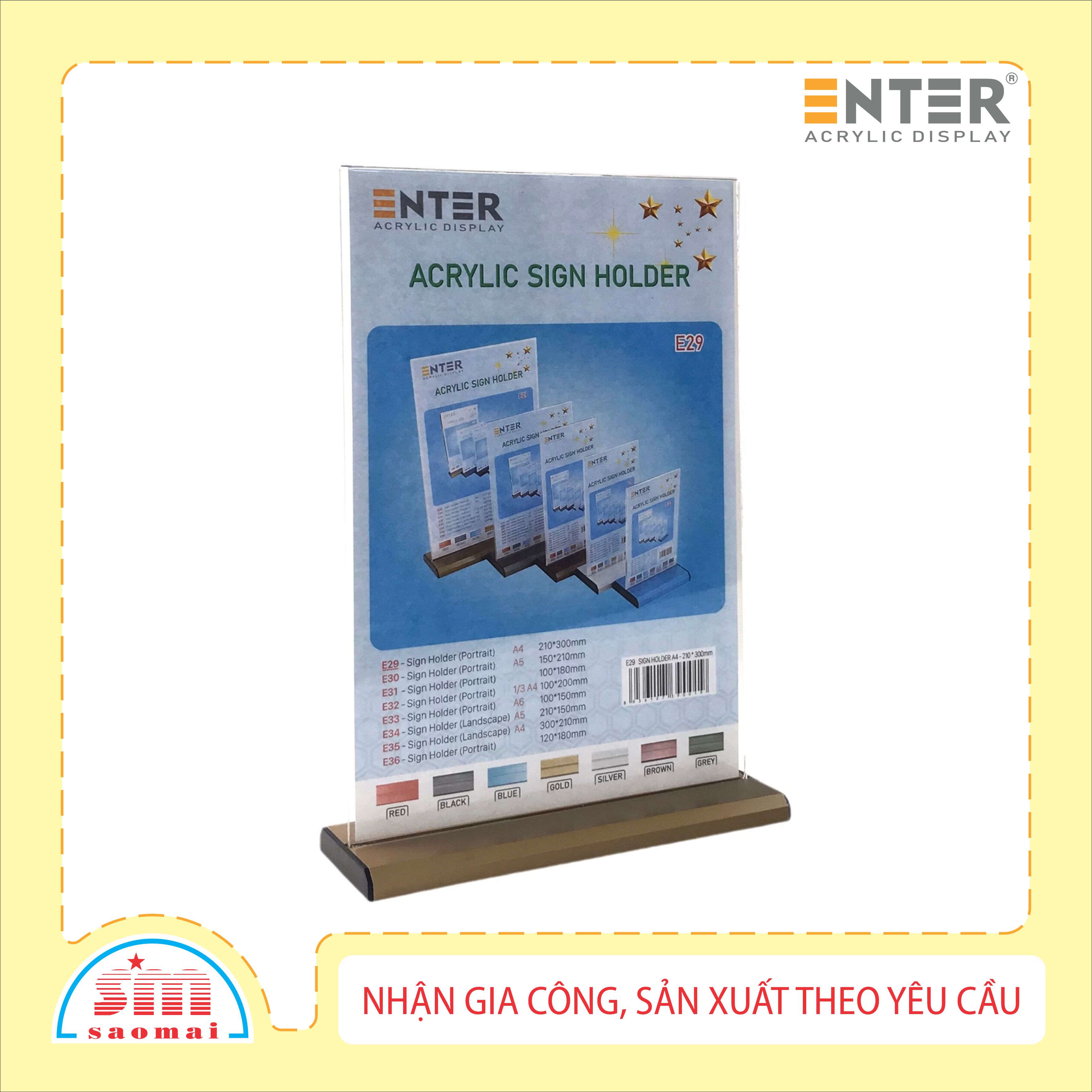 Kệ mica 2 mặt Enter E29 LR 210x300mm đế nhôm A4 đứng