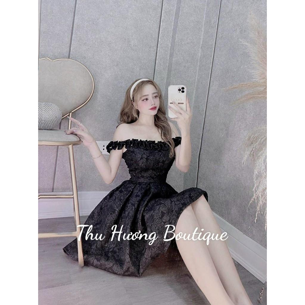 Đầm dự tiệc trễ vai , chân váy xếp ly hộp chất gấm xốp hoa ly 3D. Váy đẹp dự tiệc
