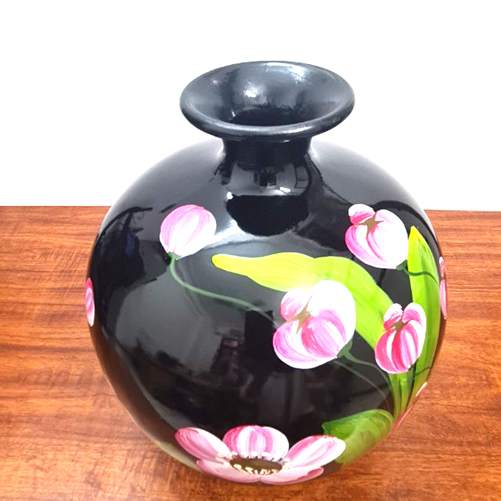 Bình Hút Lộc Gốm Sơn Mài Đen Vẽ Hoa Văn - 24 Cm - Mx