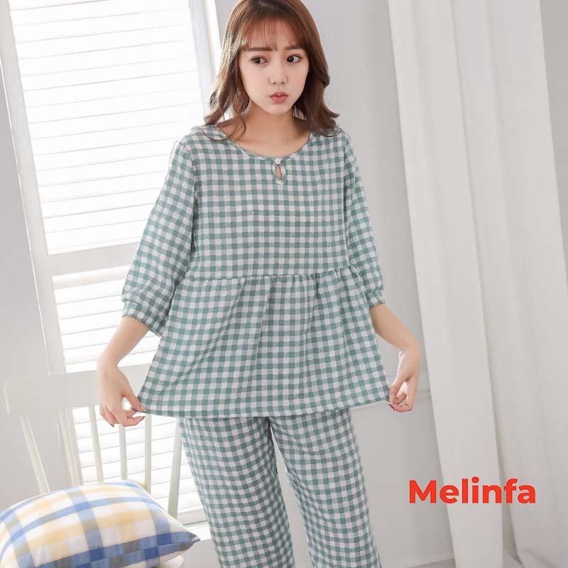 Bộ đồ ngủ nữ, bộ Pyjamas mặc nhà nữ cổ tròn tay lửng, quần dài chất cotton lụa tự nhiên phong cách trẻ trung mã VABD0197