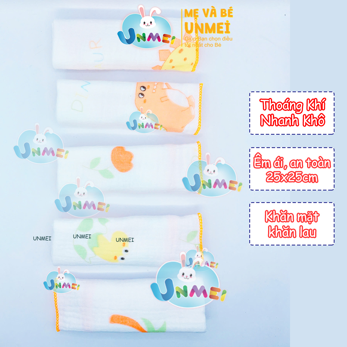 Set 5 Khăn Sữa, Khăn Xô Sữa Muslin TOP KIDS 4 lớp thấm hút,mềm mại dành cho sơ sinh (size 25x25cm)- tại UNMEI