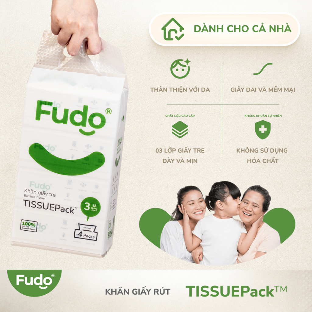 Khăn giấy khô Fudo® TISSUEPack™ từ tre không bụi vụn, không tẩy trắng - 2 Túi lớn - 08 gói/130 tờ - 03 lớp siêu thấm