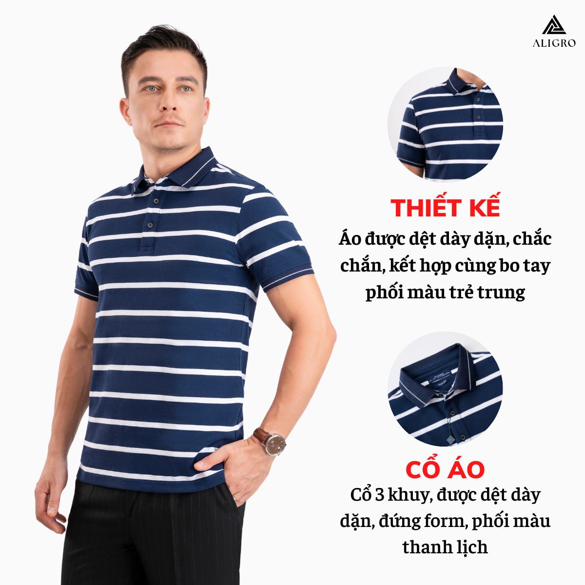 Áo Polo nam ngắn tay kẻ ngang navy-trắng ALGPLO98