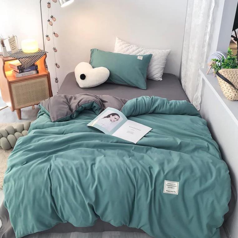 Bộ Chăn Ga Gối Cotton TC xanh ngọc phối ghi
