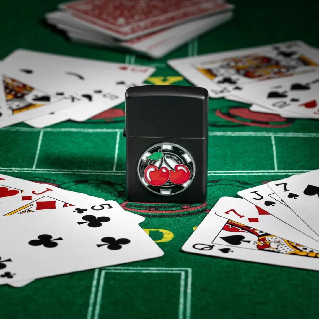 Bật Lửa Zippo Chính Hãng Mỹ Poker Chip Cherries – Biểu Tượng May Mắn Ốp Nổi, Vỏ Đen Nhám Black Matte Chống Gió