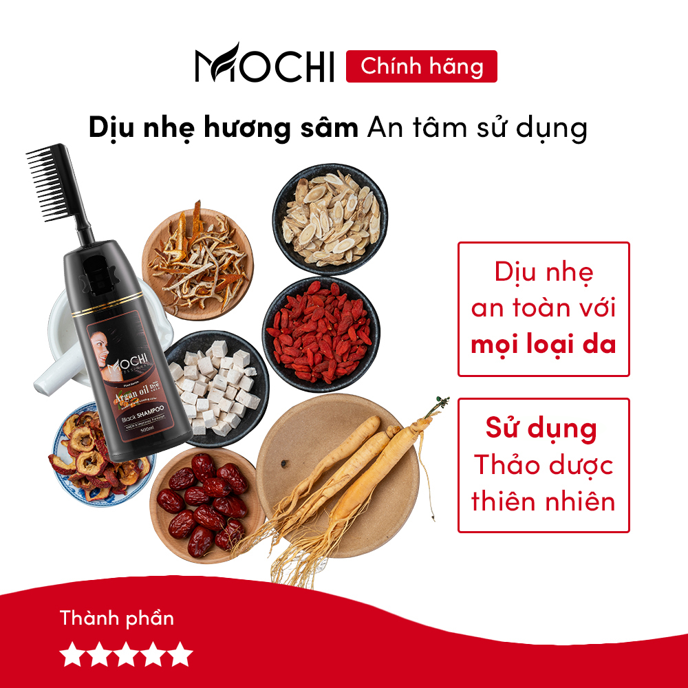 Dầu gội phủ bạc Mochi Nhật Bản (Lược chải & vòi nhấn). Dầu gội nhuộm tóc thảo dược ngay tại nhà