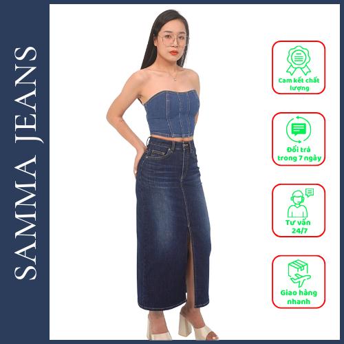 Chân Váy Jean Dáng Dài Xẻ Trước V2_ Váy bò dáng dài cạp cao thanh lịch, fom đẹp, thương hiệu Samma Jeans - D/Blue(Xanh đậm)