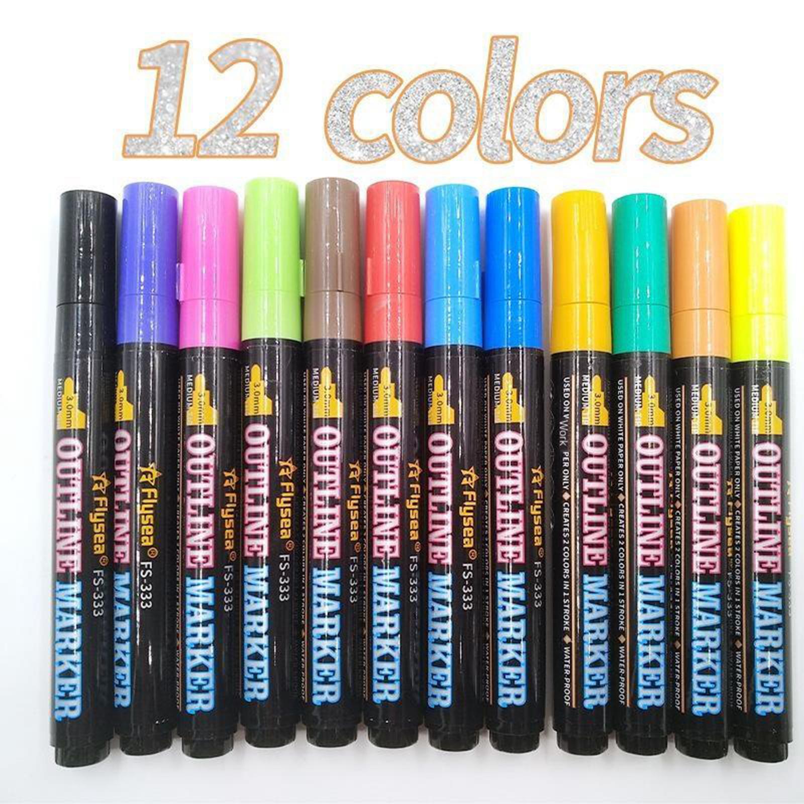 Double Line Outline Pens,12 Colours Outline Pens Fluorescent Glitter Two-Line Pen Permanent Marker Waterproof Pen for Card Making