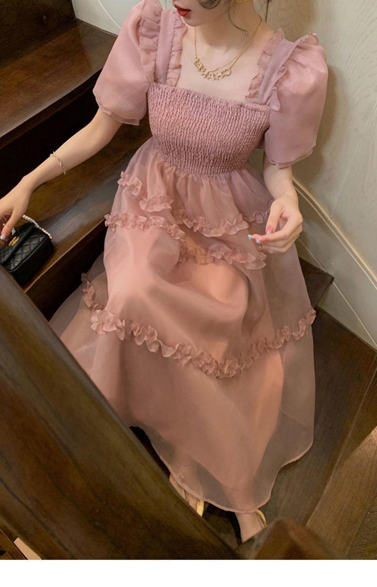 TOBE1SHOP Váy màu hồng nàng tiên Pháp ren Bouffant váy công chúa váy bánh váy lưới nàng tiên thắt lưng đầm