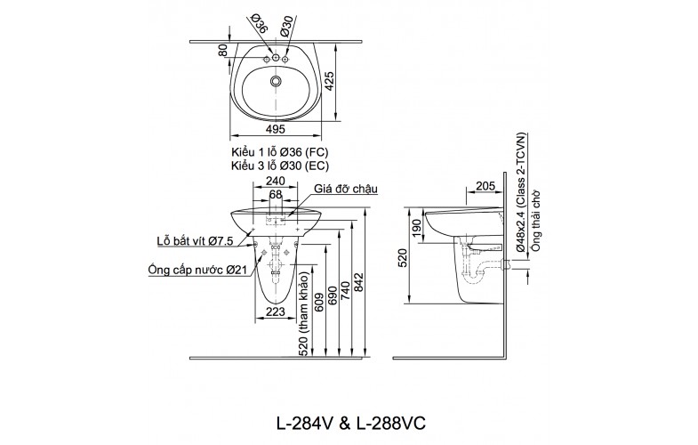 Chậu rửa Lavabo treo tường 3 lỗ Inax L-284VEC ( không bao gồm chân chậu )