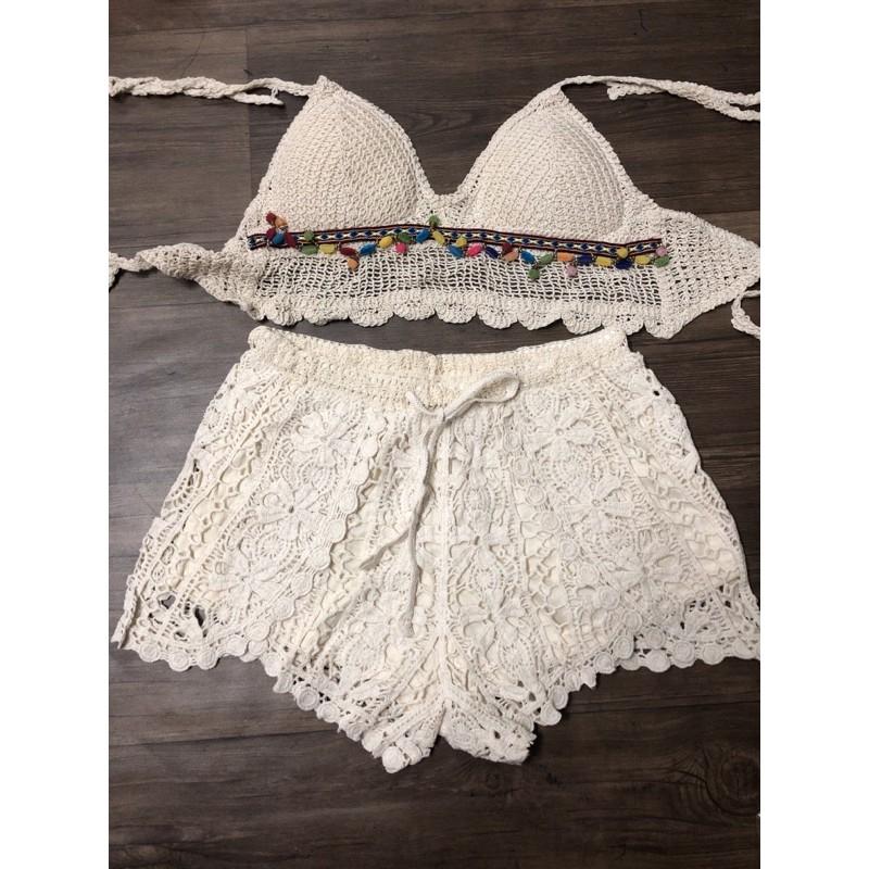 06-Set đi biển 3 món áo bra hạt-quần sóc re- choàng ren moc