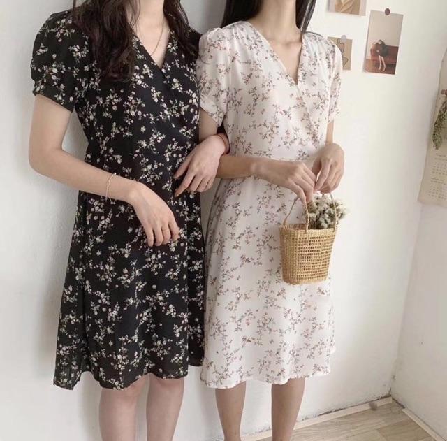 Váy hoa vintage cổ chéo hoa tiết hoa nhí Ulzzang style VKE7026 Hàng Quảng Châu