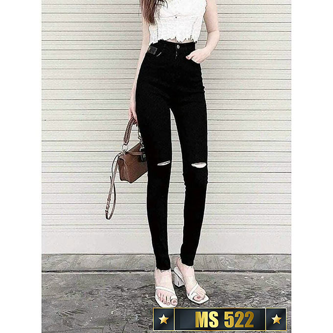 Quần jean nữ lưng cao rách gối màu đen chất jean Cotton co giãn mặc tôn dáng và thoải mái MS522