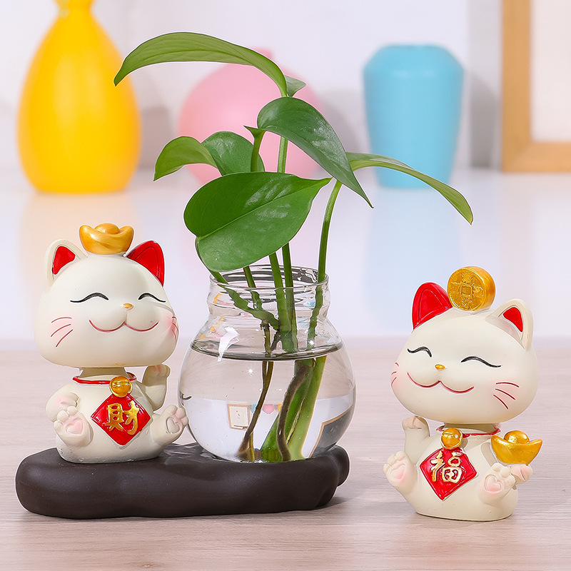 Mèo Thần Tài May Mắn Để Bàn Kèm Chậu Thủy Tinh Trồng Cây, Nuôi Cá