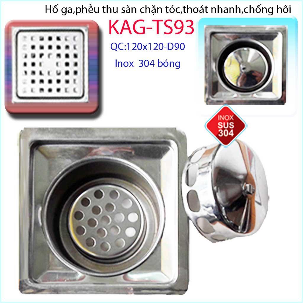 Phễu thoát sàn 12x12cm KAG-TS93 inox 304, hố ga thoát sàn khách sạn cho ống D90mm mặt caro chống mùi hôi