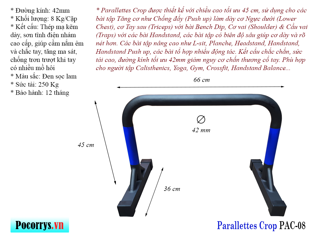 Xà kép Parallettes Crop cao 45cm, Pocorrys PAC-08, Màu đen xanh