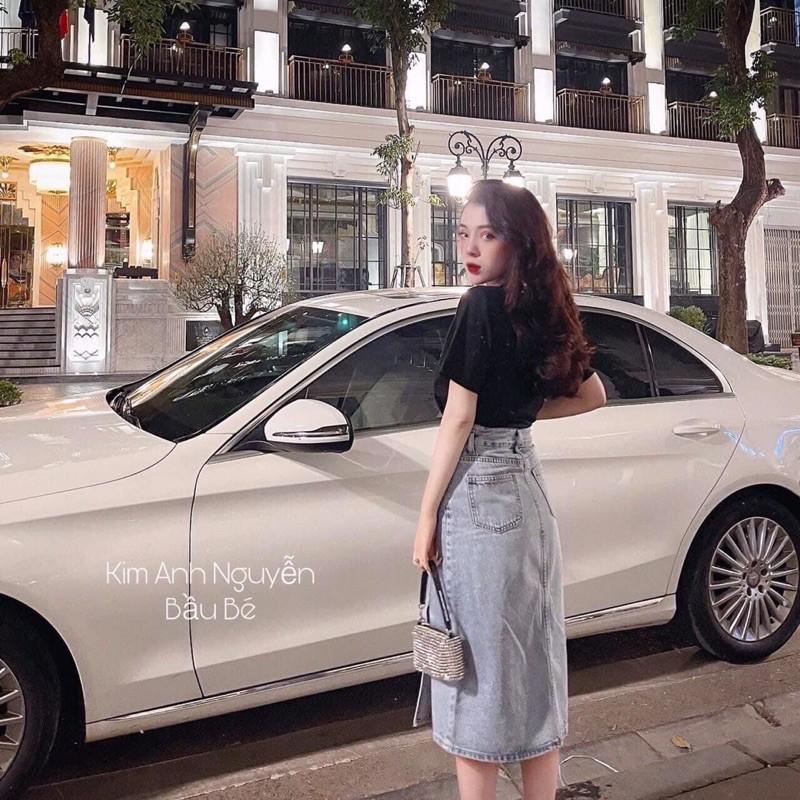 Chân váy Jean xẻ lệch cạp cao tôn dáng