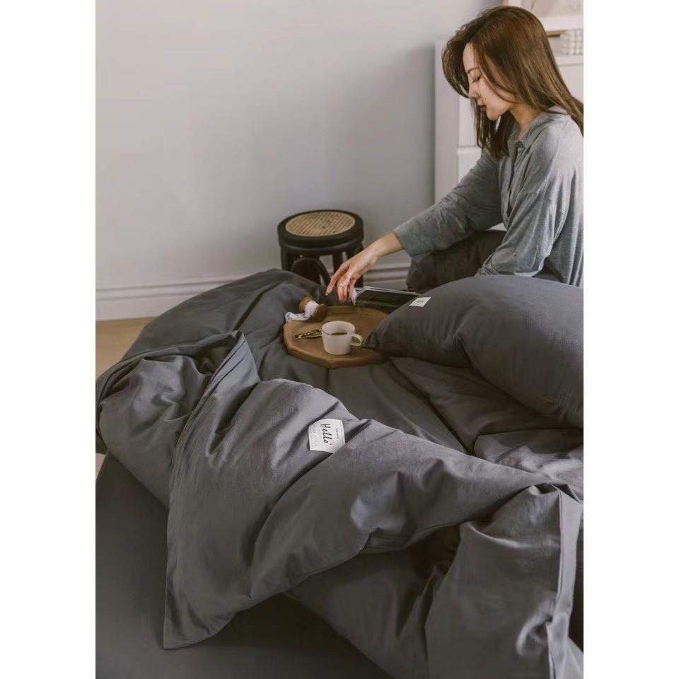 Bộ Chăn Ga Gối Cotton Đũi - Ghi Đậm