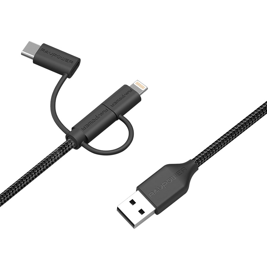 Dây Cáp Sạc 3 Trong 1 RAVPower (Lightning MFi Cho iPhone, Type C, Micro USB) 1m RP-CB021 - Hàng Chính Hãng