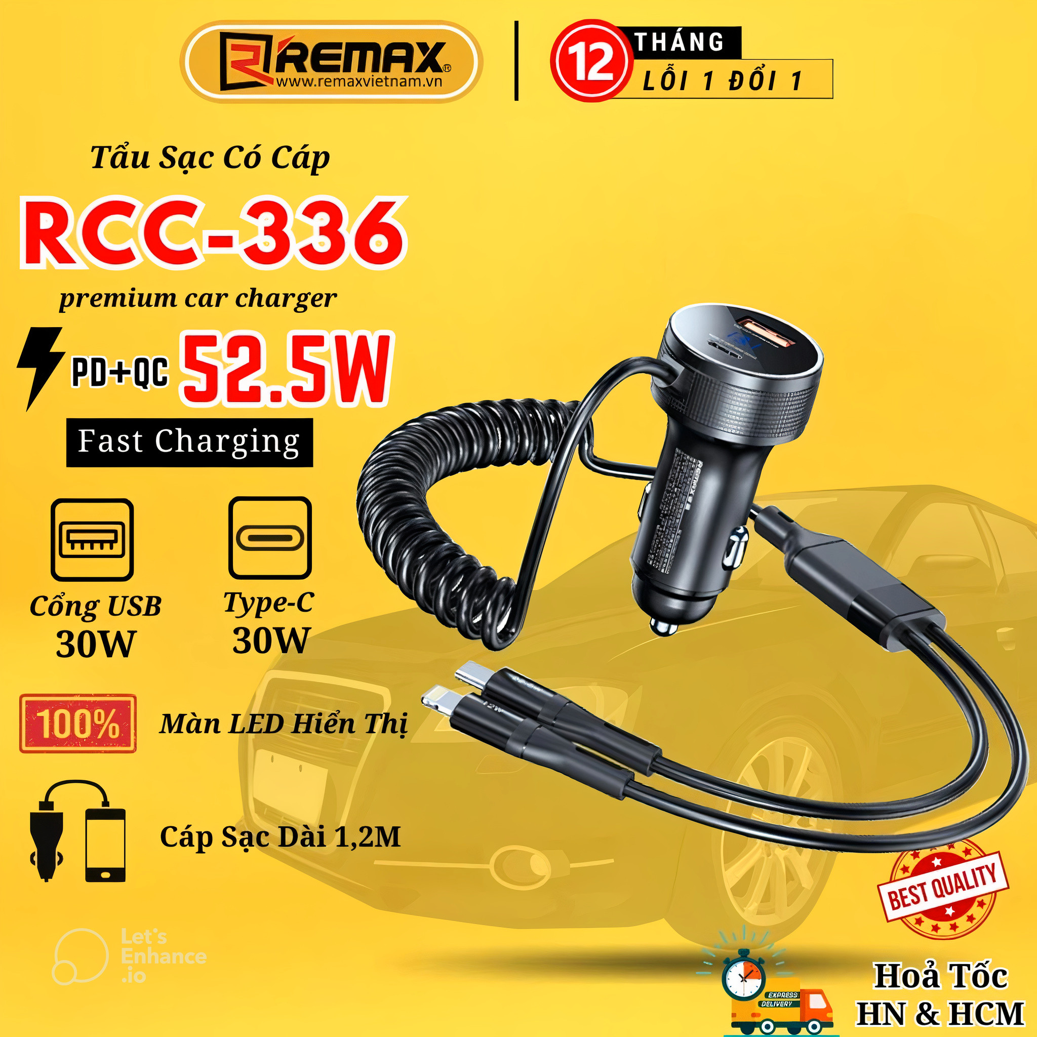 Bộ tẩu sạc nhanh ô tô 52.5W Remax RCC-336 Tích hợp sẵn 2 cáp sạc nhanh - Hàng Chính Hãng Remax