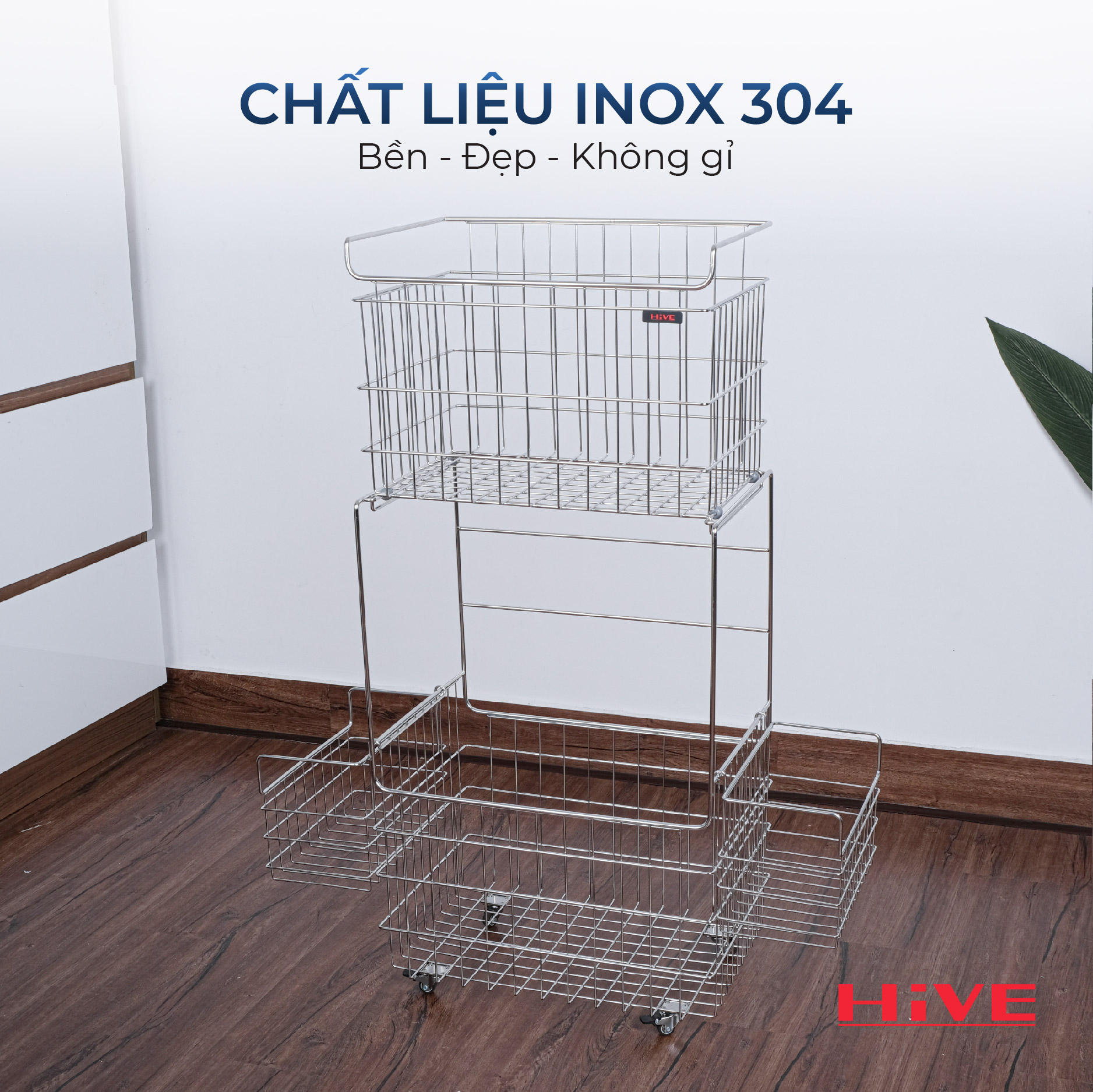 Kệ (Giỏ) Đựng Đồ, Chia Quần Áo Phòng Giặt HiVE 2 tầng inox 304 cao cấp có bánh xe