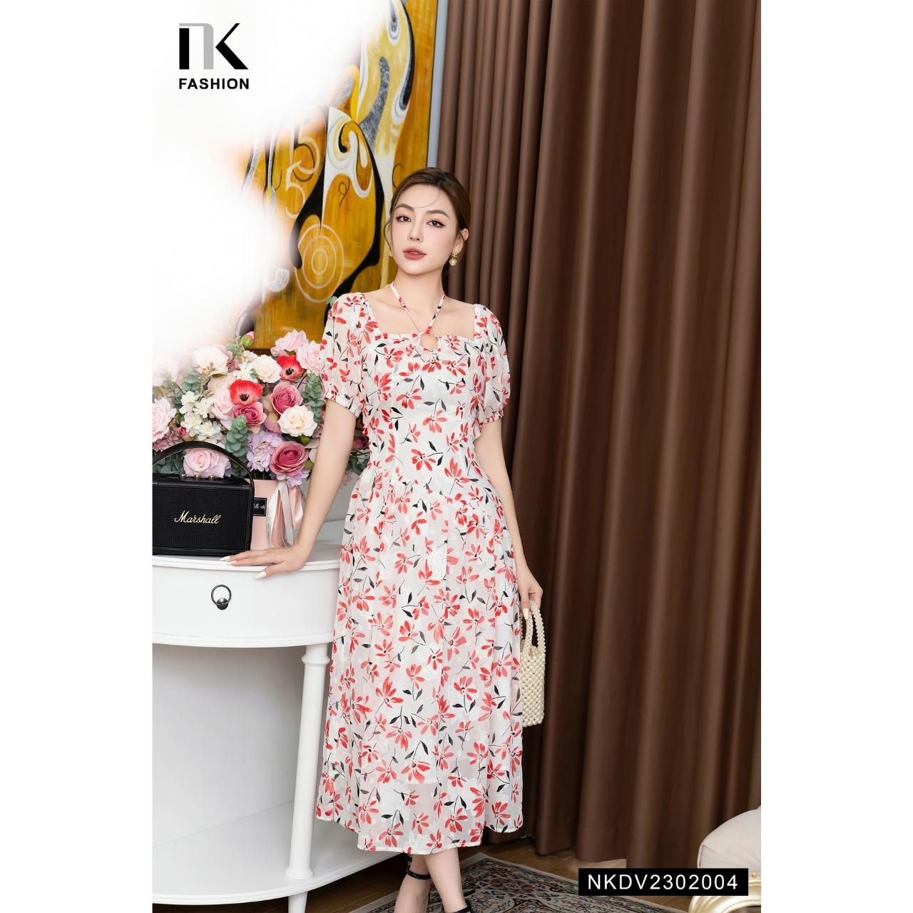 Đầm Maxi Hoa NK FASHION Thiết Kế Cổ Buộc Yếm Điệu Đà Thanh Lịch, Chất Vải Nhập Hàn Cao Cấp NKDV2302004