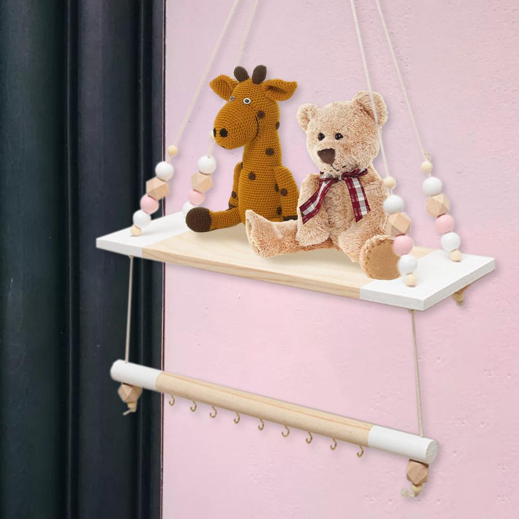 Wooden Wall Shelf With Hooks  Organizer Hanging Mount Clothes