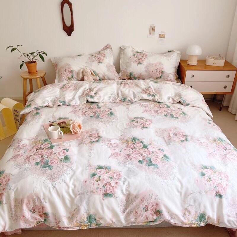 Bộ Chăn Ga Gối Cotton Living 100%cotton Hàng Nhập Khẩu Cao Cấp 4 Món Hoa Hồng Pháp