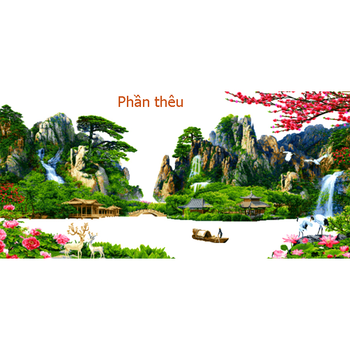 Tranh thêu Phong cảnh lưu thủy sinh tài - tự thêu