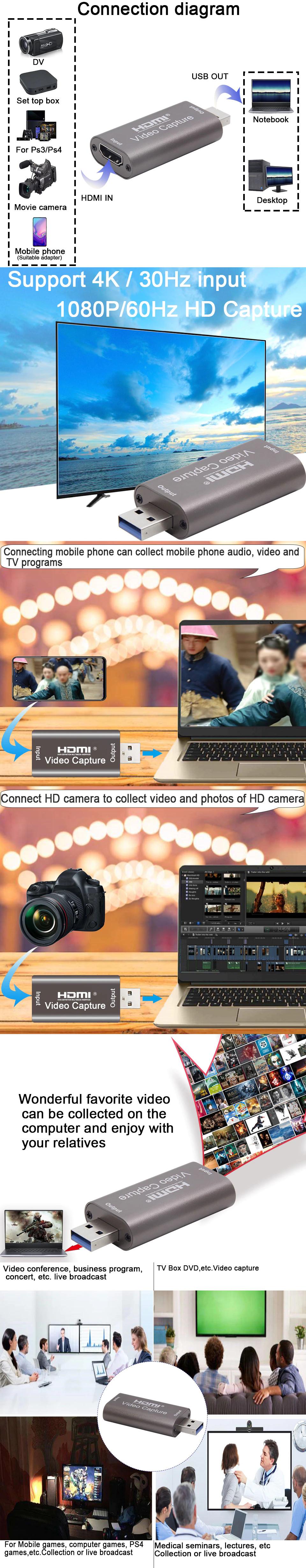 HDMI Video capture USB3.0 cho Máy ảnh ghi hình vào Máy tính Hội nghị trực tuyến