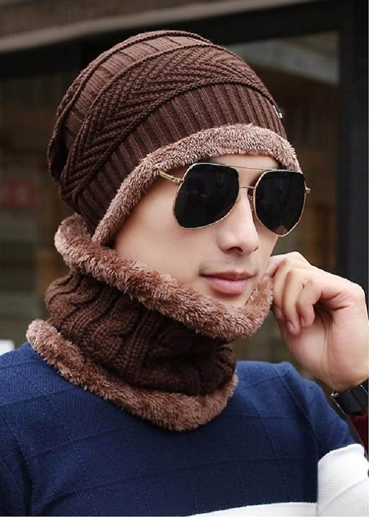 Nón len - Mũ len kèm khăn nam nữ