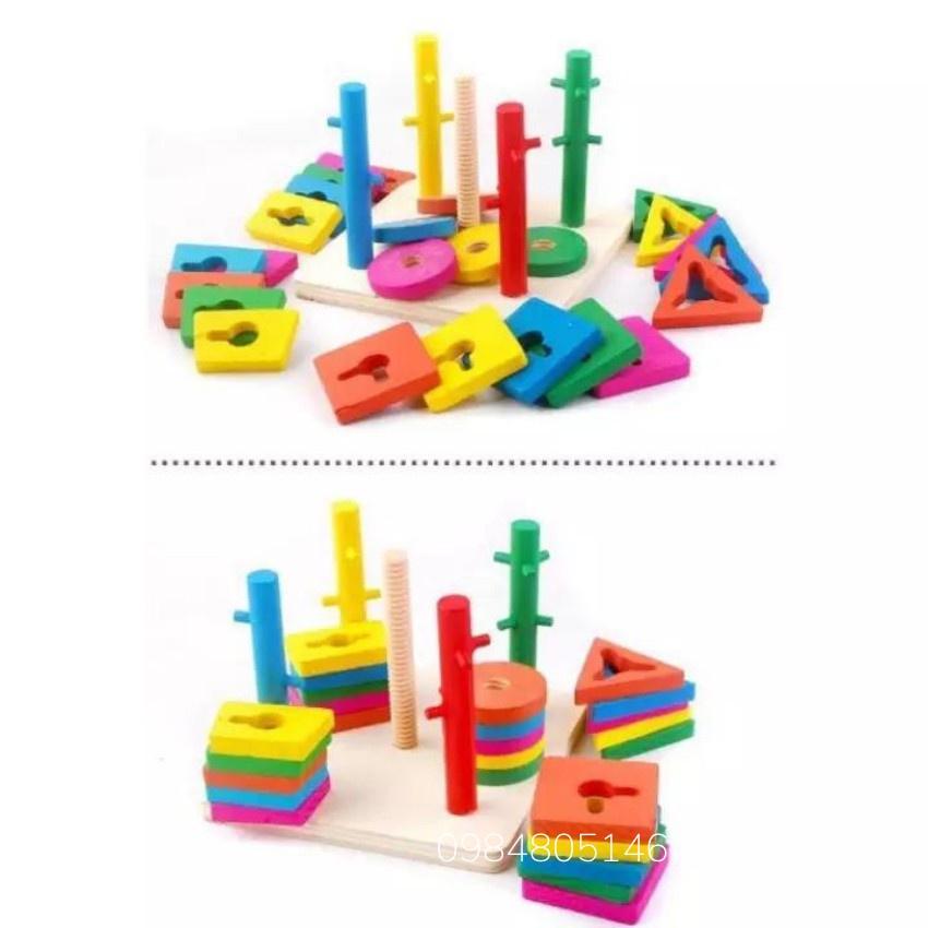 Đồ chơi thả hình bằng gỗ, thả cọc 5 trụ hình khối cho bé