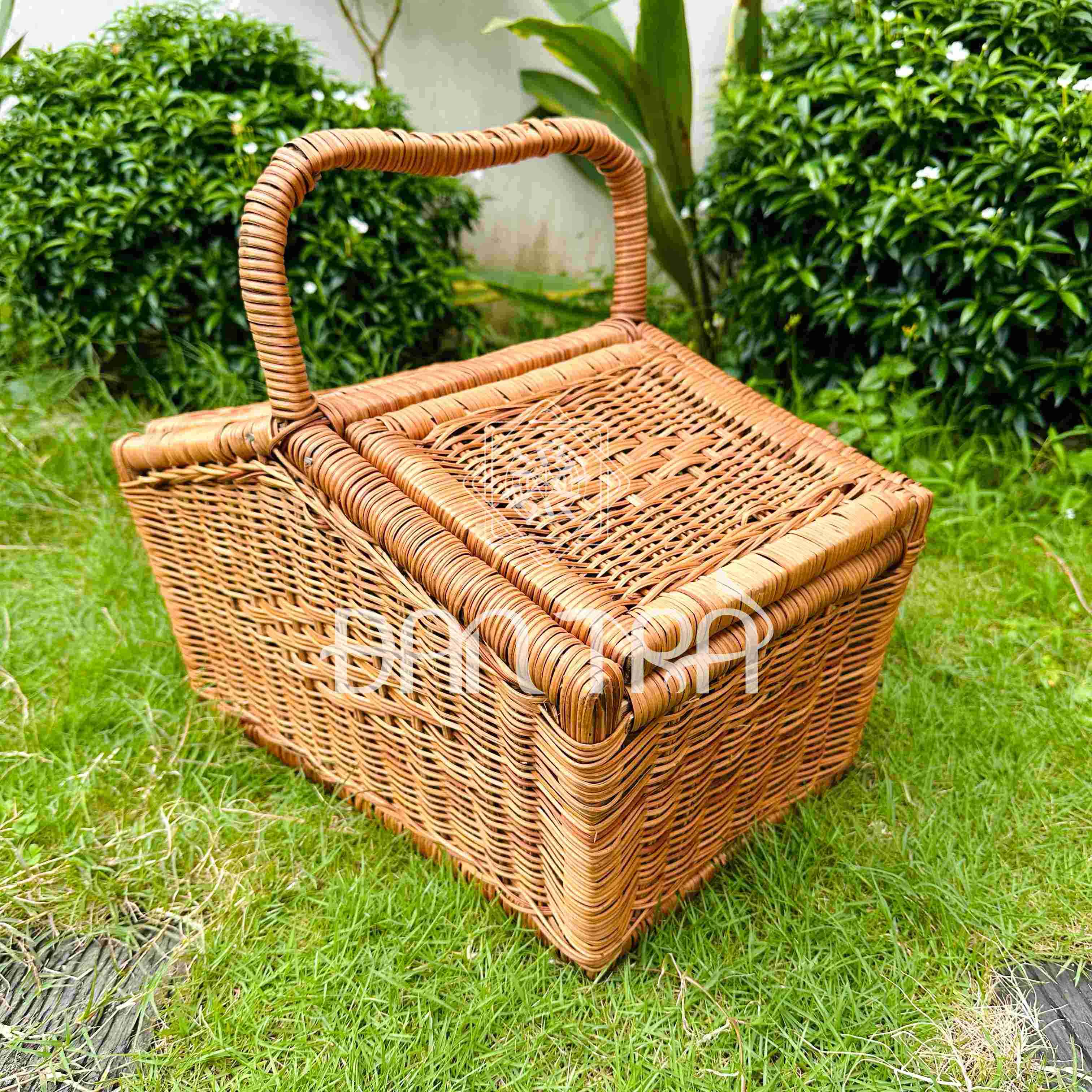 Giỏ Mây Picnic Khung Gỗ Đan Trà - Giỏ Mây Picnic Truyền Thống Đựng Bánh Mì- Giỏ Mây Decor Rẻ Đẹp- Mây Tre Đan Decor