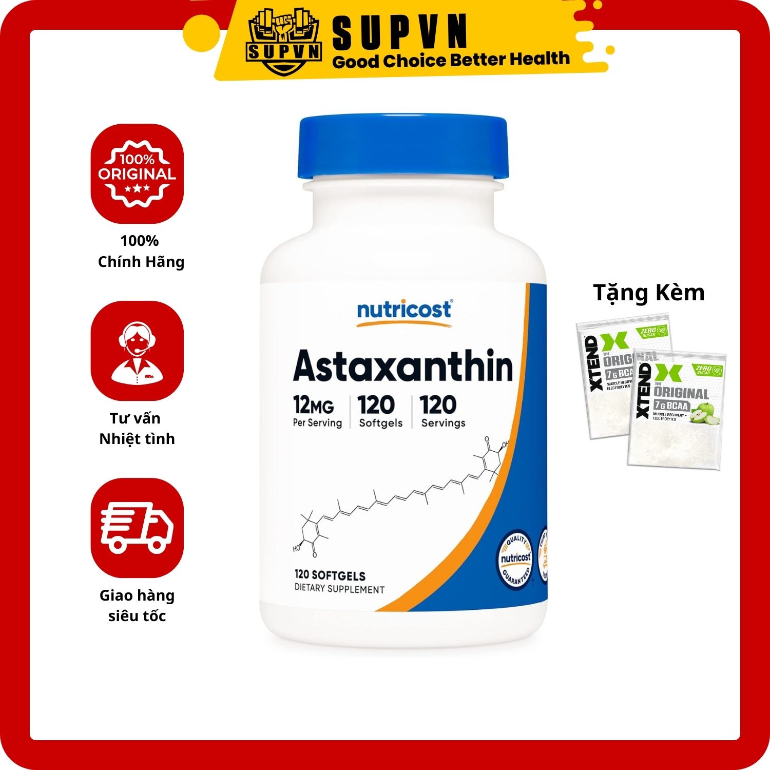 Nutricost Astaxanthin (12mg - 120 viên) Chống Oxy Hóa Chống Lão Hoá Làn Da, Trẻ Hoá Cơ Thể Của USA - Mỹ