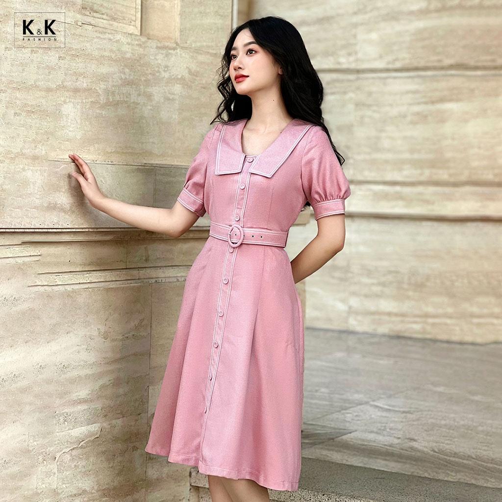 Đầm Công Sở Dáng Xòe Phối Đai Eo K&amp;K Fashion KK115-31 Chất Liệu Cotton Chéo