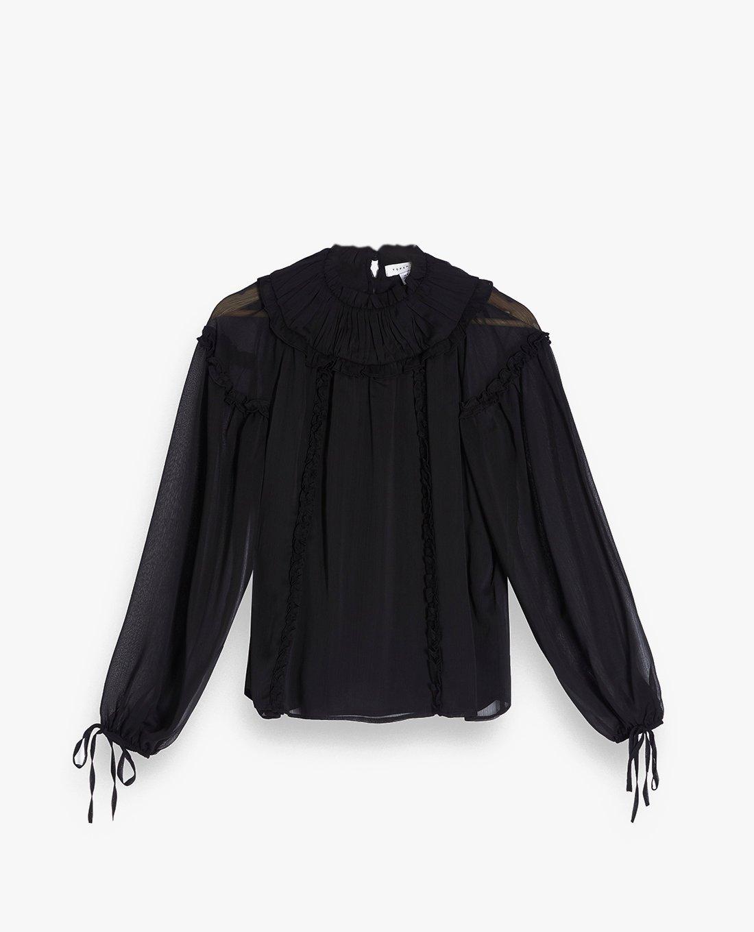 TOPSHOP - Áo kiểu nữ tay dài cổ trụ Black Ruffle Yoke Neck 13P50TBLK