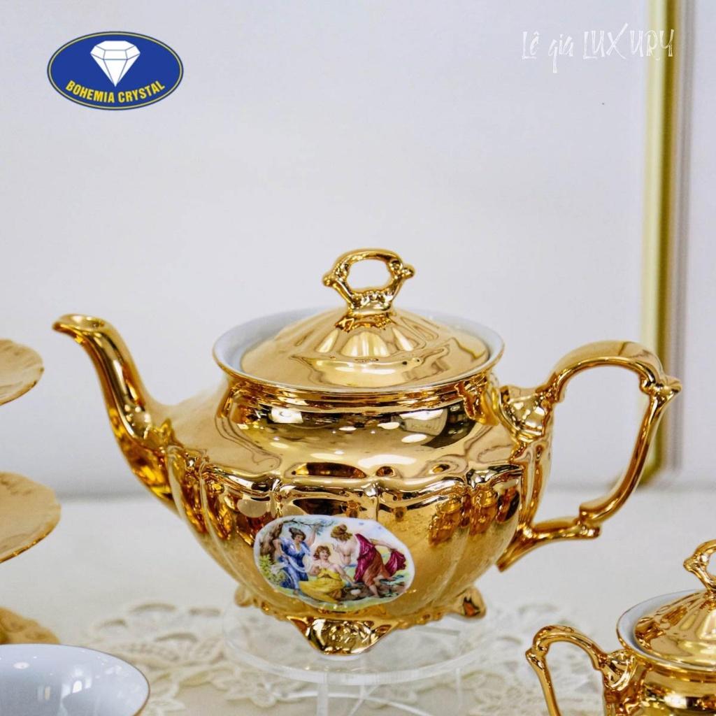 Bộ ấm chén trà mạ vàng TÂN CỔ ĐIỂN cao cấp Sang trọng, Gốm Sứ Tiệp Khắc, Ấm chén cao cấp mạ vàng 24K ACT3, Bộ ấm chén châu Âu
