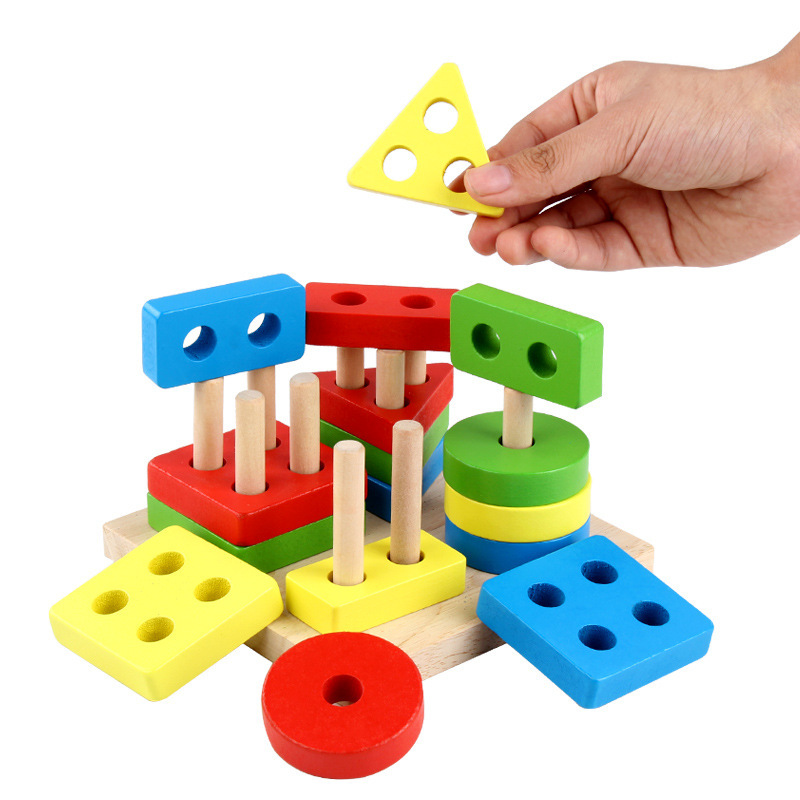 Thả hình khối luồn cọc đế vuông - CHUẨN Montessori Cho Bé Phân Biệt Màu Sắc Hình Khối