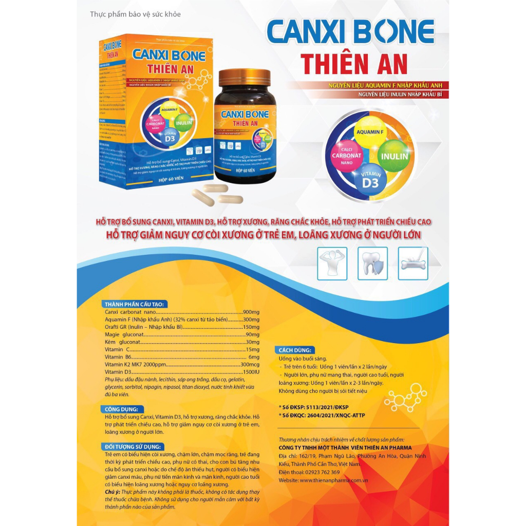 Canxi Bone Thiên An Hỗ Trợ Bổ Sung Canxi, Vitamin D3, Hỗ Trợ Xương, Răng Chắc Khỏe Hỗ Trợ Phát Triển Chiều Cao