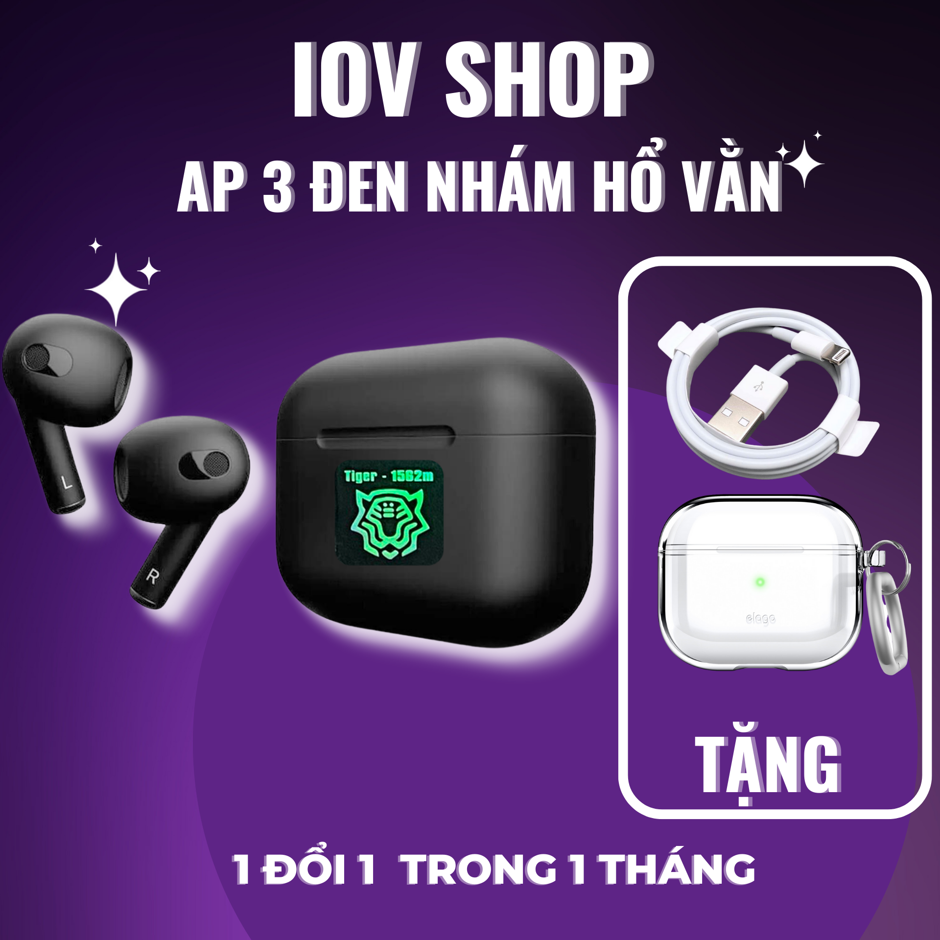 Tai Nghe Hổ Vằn AirPods3 2022 Đen Nhám 1562M - Định Vị - Pin Trâu 6H - Đổi Tên - Sạc Không Dây