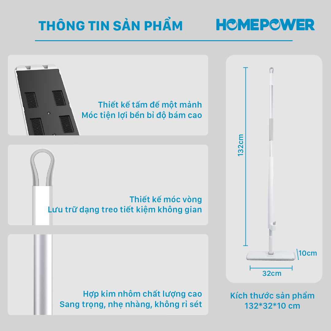 Cây Lau Nhà Tự Vắt Thông Minh 360 Độ Homepower CS-01, Thân Nhôm Sang Trọng, Cao Cấp, Bông Lau Microfiber Siêu Thấm Hút