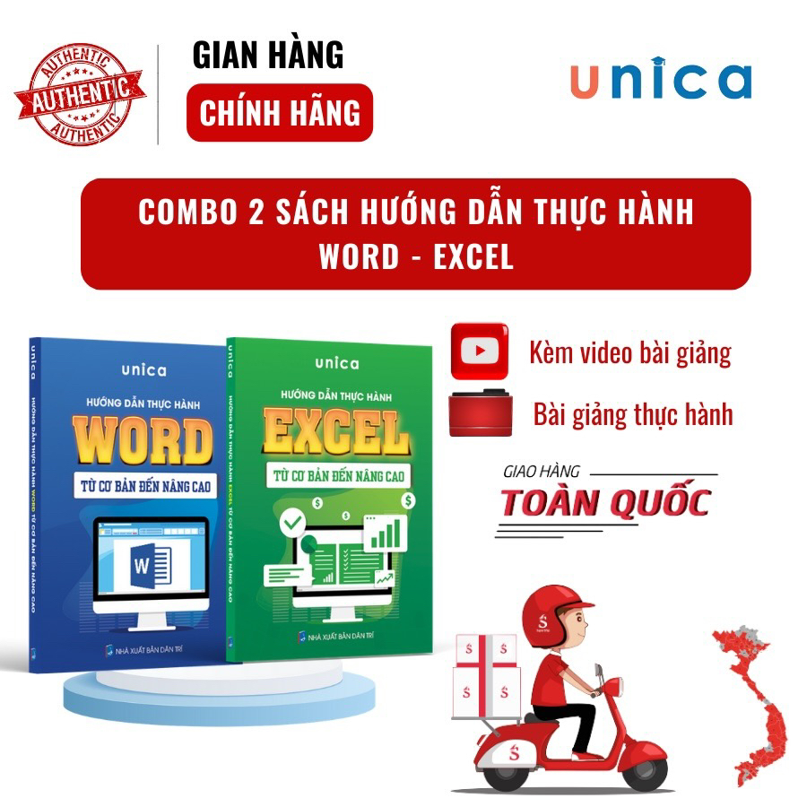 Combo 2 sách Word - Excel Tin học văn phòng Unica, Hướng dẫn thực hành từ cơ bản đến nâng cao, in màu chi tiết, TẶNG video bài giảng