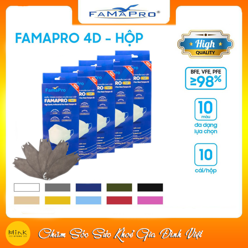 [THÙNG XÁM - FAMAPRO 4D] - Khẩu trang y tế kháng khuẩn cao cấp Famapro 4D tiêu chuẩn KF94 (500 cái/thùng)