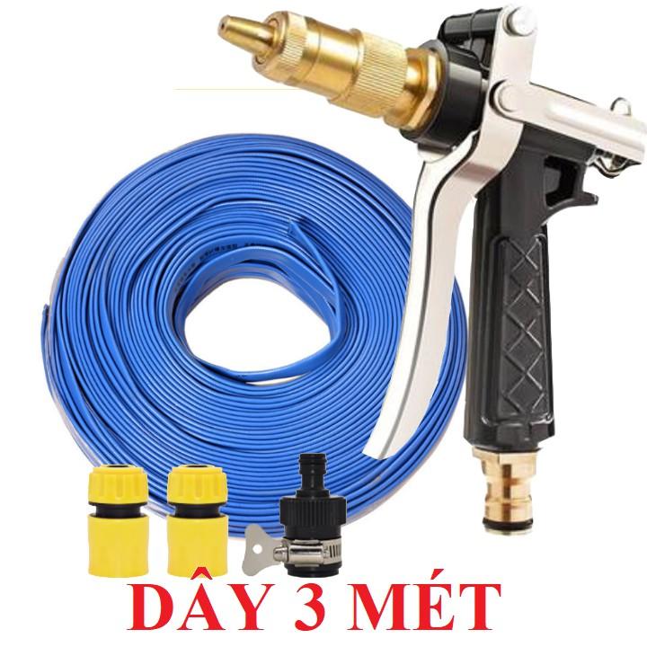 Bộ dây vòi xịt nước rửa xe, tưới cây .tăng áp 3 lần,loại 3m,5m 206236 đầu đồng,cút,nối nhựa đen+ tặng đai