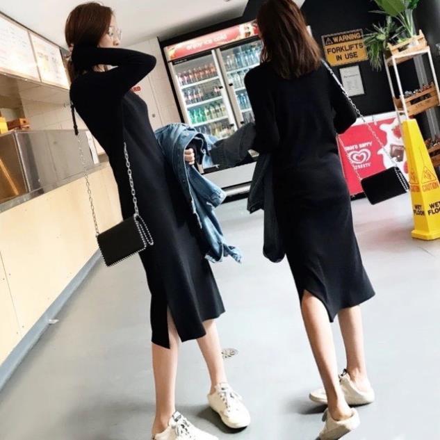 Váy suông cổ V dáng dài xẻ tà 3 màu trẻ trung