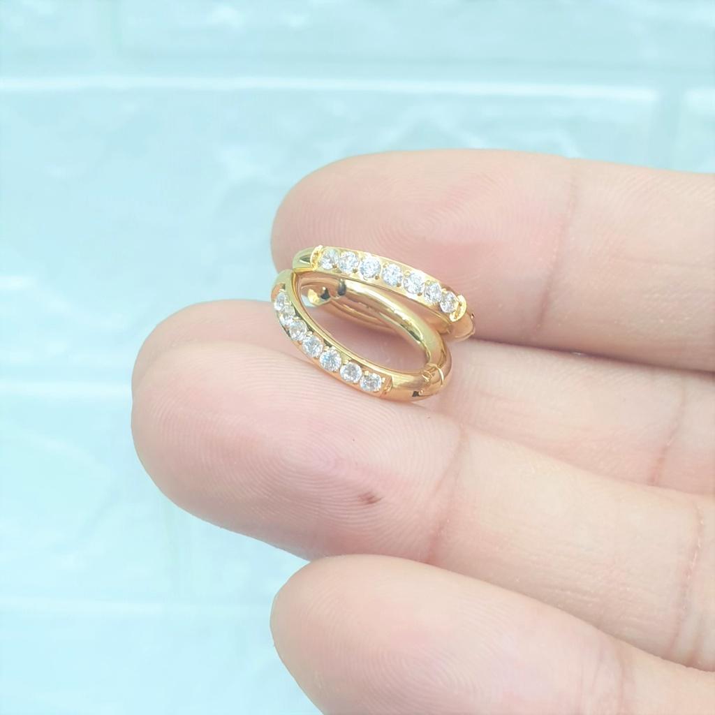 Bông Tai Khoanh Đính Xoàn 4 Chấu Titanium Cao Cấp-Không rơi đá-Dùng lâu dài tắm rửa thoải mái