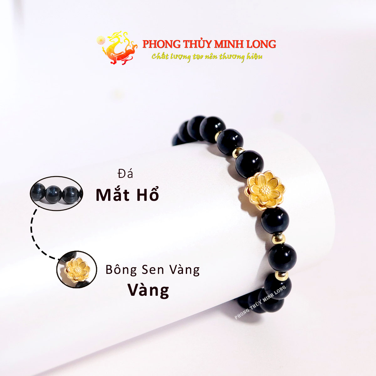 Vòng tay đá mắt hổ chim ưng xanh xám mix bông sen vàng