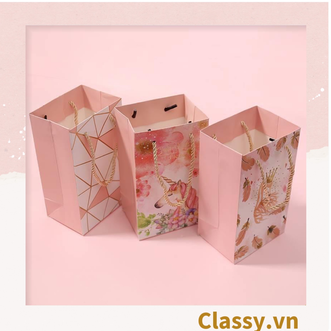 Xé Lẻ Bộ Túi giấy quai xách hoặc Hộp dùng đựng đồ quà tặng trang sức, son môi, mỹ phẩm, nước hoa. hình hồng hạc, kỳ lân