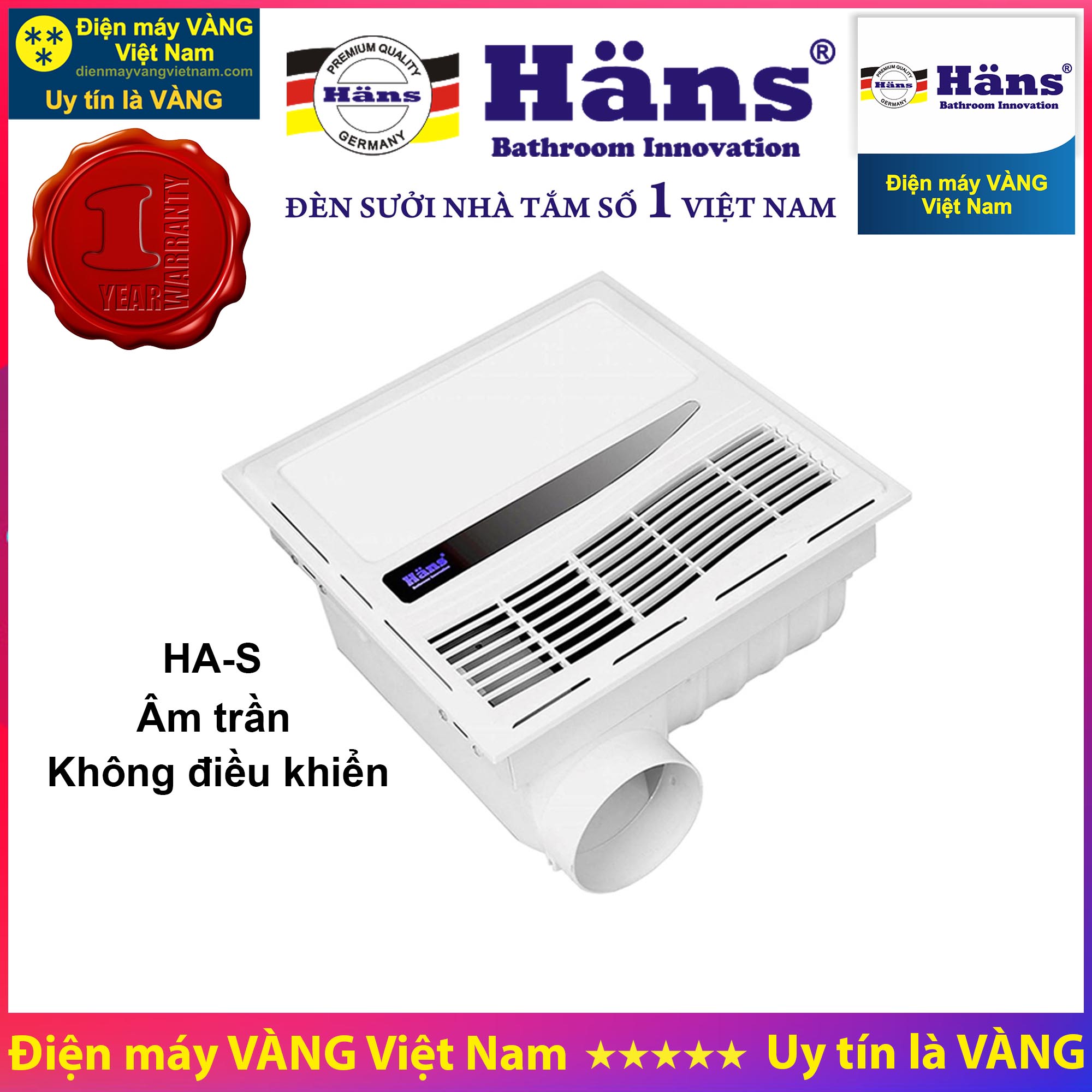 Quạt sưởi nhà tắm âm trần Hans HA-S (điều khiển cơ)-hàng chính hãng