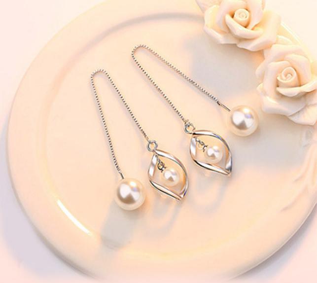 Bông tai dài 2 ngọc trai lượn sóng BHBT118